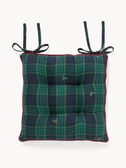 coincasa Cuscini Per Sedie|Cuscino da sedia con lacci in twill di cotone con ricami agrifoglio Blu