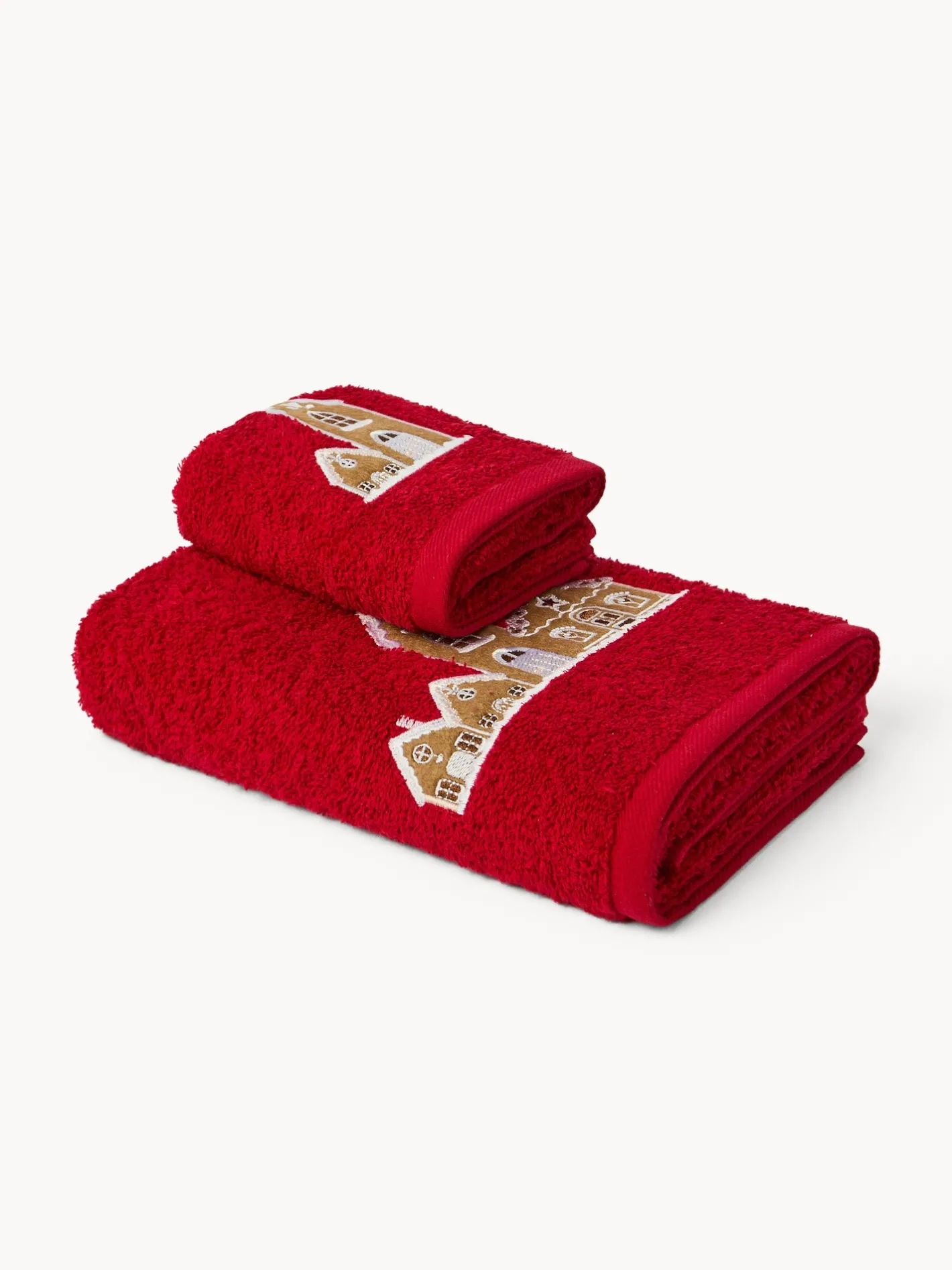 Asciugamani|Bagno|Set 2 asciugamani in spugna di cotone con casette ricamate Rosso