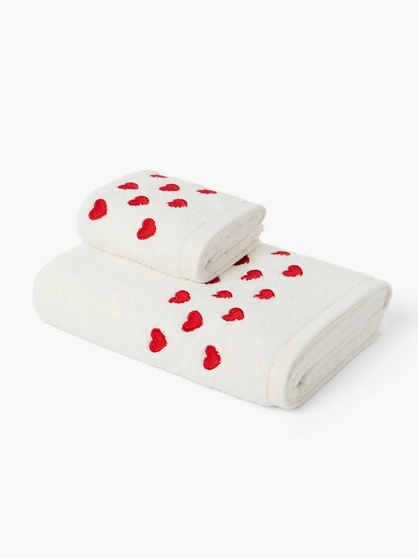 Asciugamani|Bagno|Set 2 asciugamani in spugna di cotone con ricamo a cuori Bianco