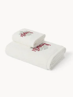 Asciugamani|Bagno|Set 2 asciugamani in spugna di cotone con fiocco di neve ricamato Bianco