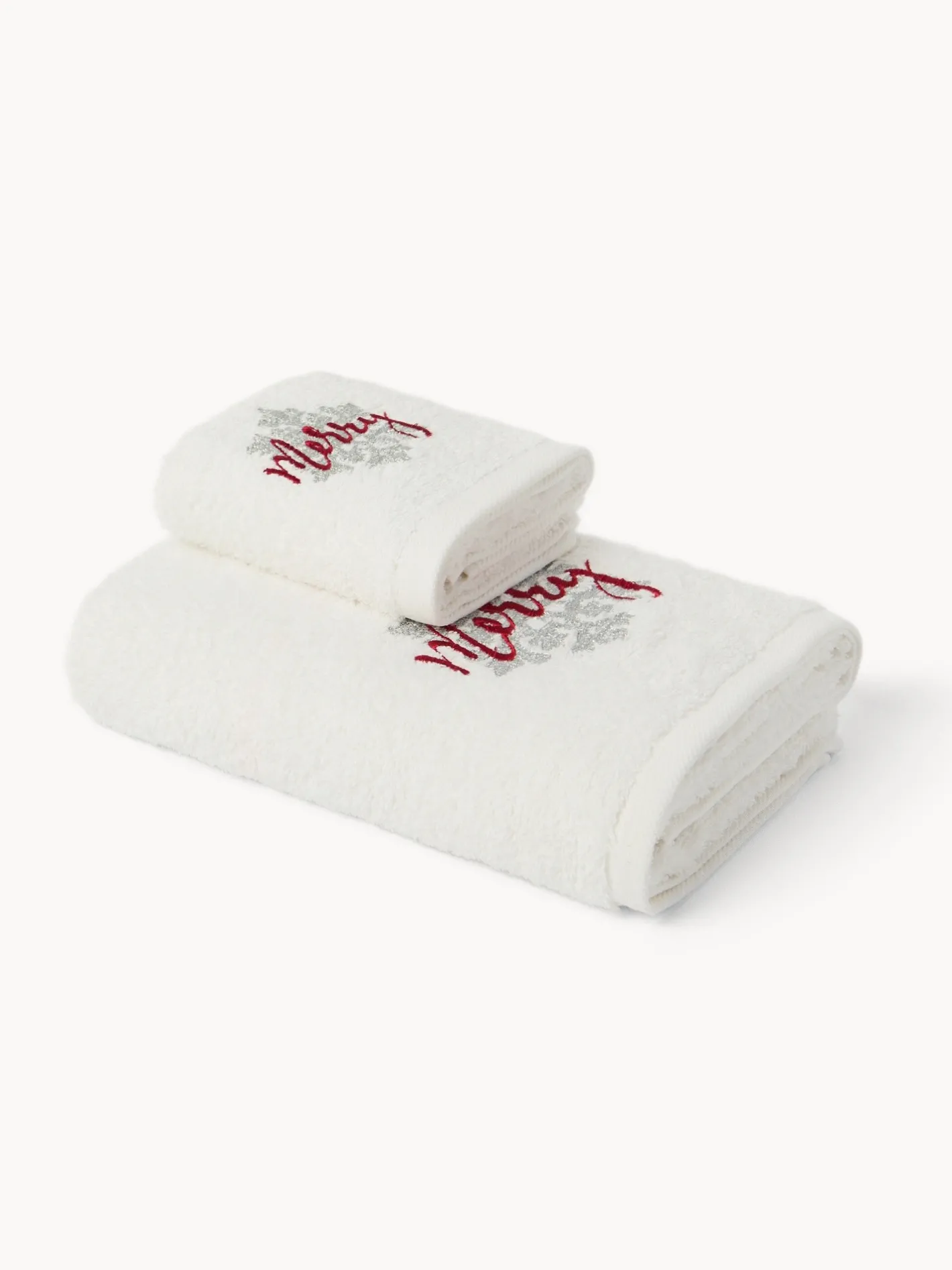 Asciugamani|Bagno|Set 2 asciugamani in spugna di cotone con fiocco di neve ricamato Bianco