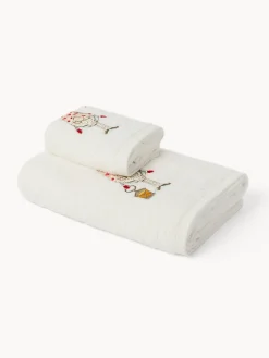 Asciugamani|Bagno|Set 2 asciugamani in spugna di cotone con ricamo gnomo natalizio Bianco