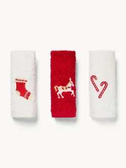 Asciugamani|Bagno|Set 3 lavette in spugna di cotone ricamo natalizio Rosso