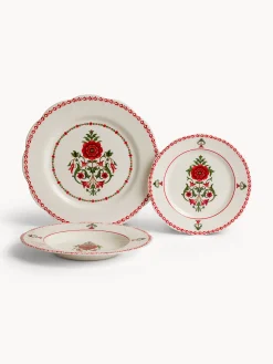 coincasa Piatti|Set 18 piatti in ceramica dettaglio fiore rosso Bianco