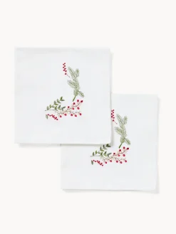 coincasa Tovaglie E Tovaglioli|Tovaglie E Runner Natalizi|Set di 2 tovaglioli in twill di puro cotone ricamo agrifoglio Bianco