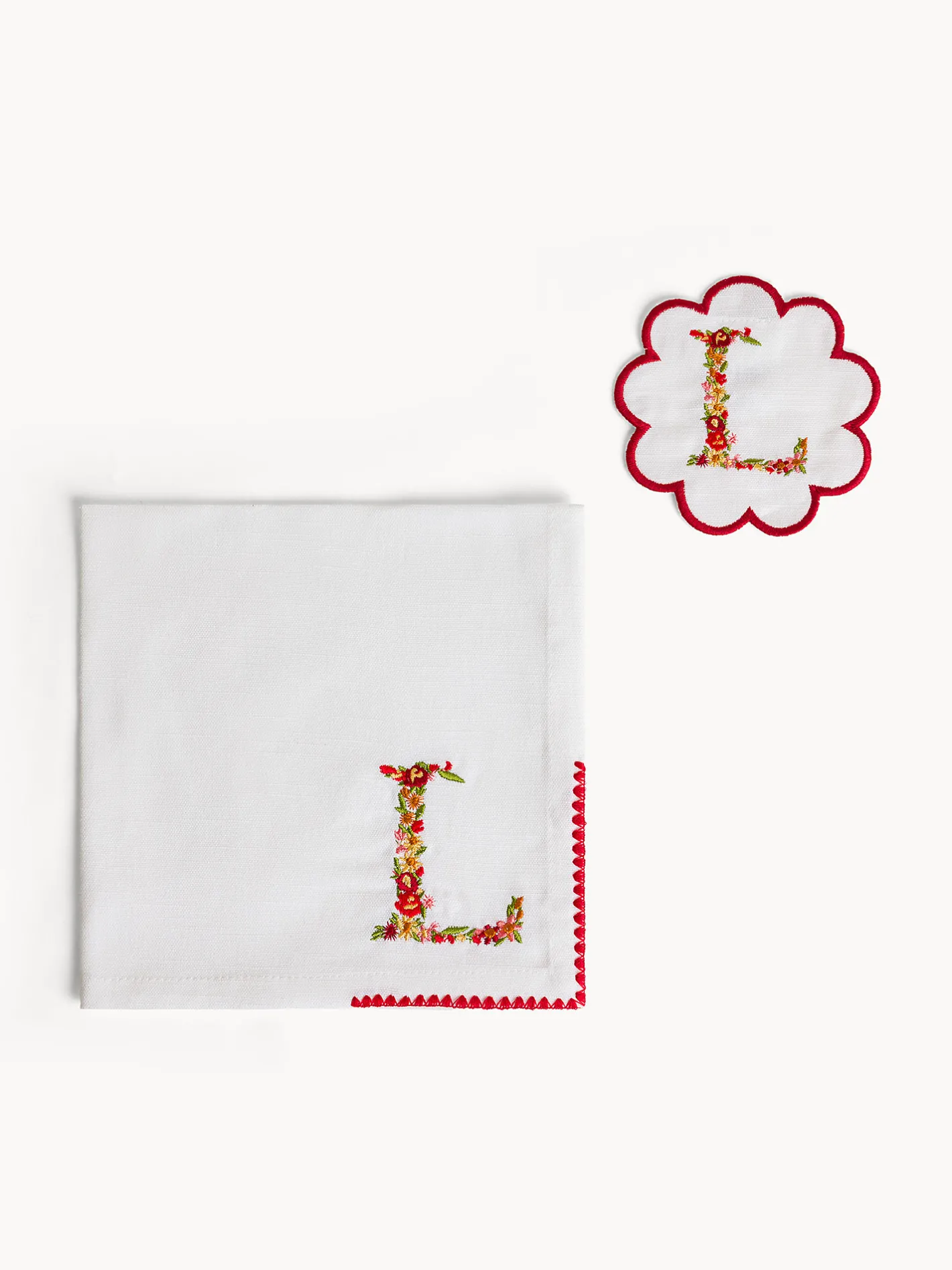 Biancheria Da Tavola|Tovaglie E Tovaglioli|Set tovagliolo e sottobicchiere lettera ricamata L Bianco