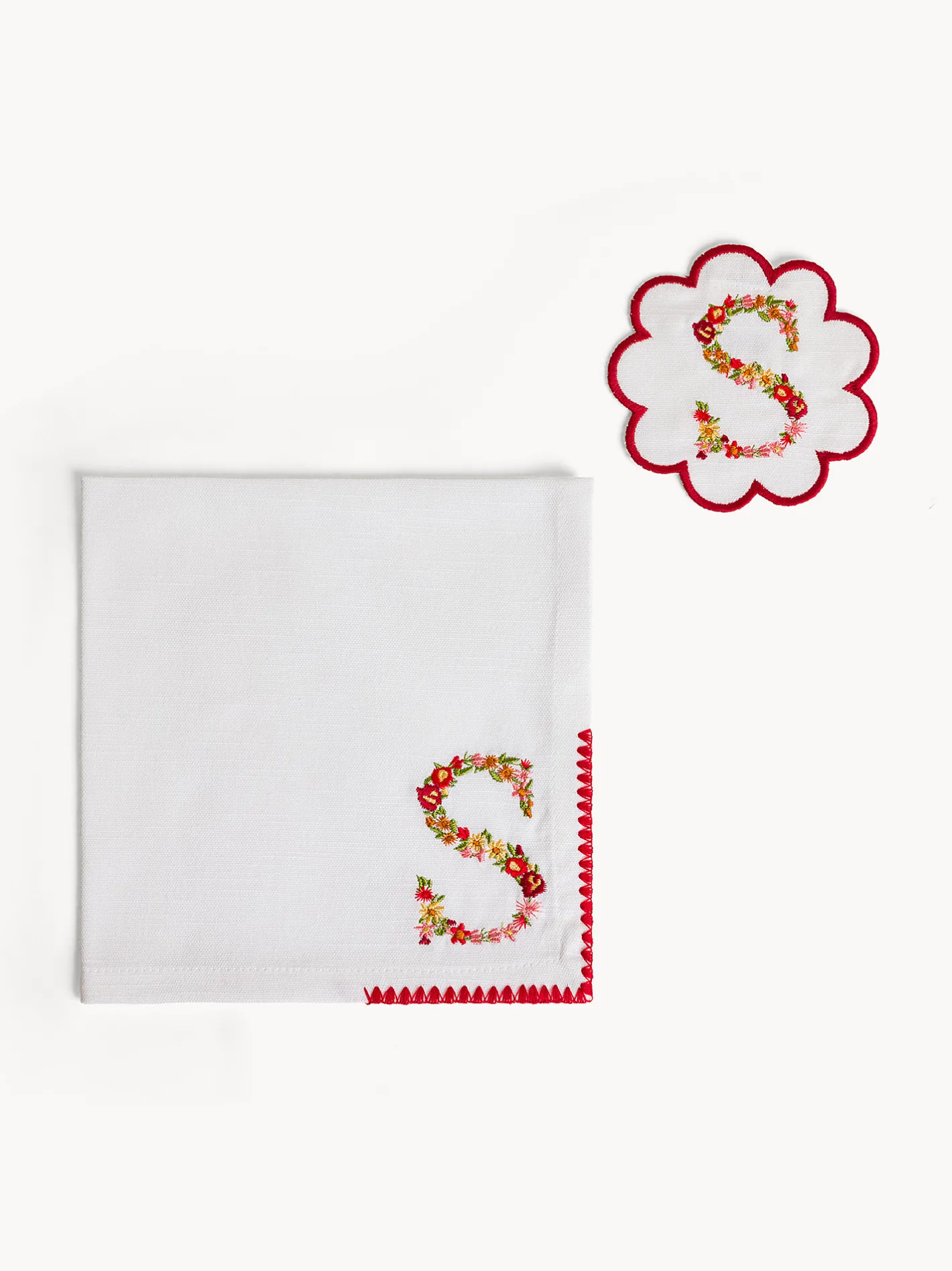 Biancheria Da Tavola|Tovaglie E Tovaglioli|Set tovagliolo e sottobicchiere lettera ricamata S Bianco