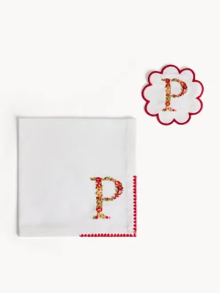 Biancheria Da Tavola|Tovaglie E Tovaglioli|Set tovagliolo e sottobicchiere lettera ricamata P Bianco
