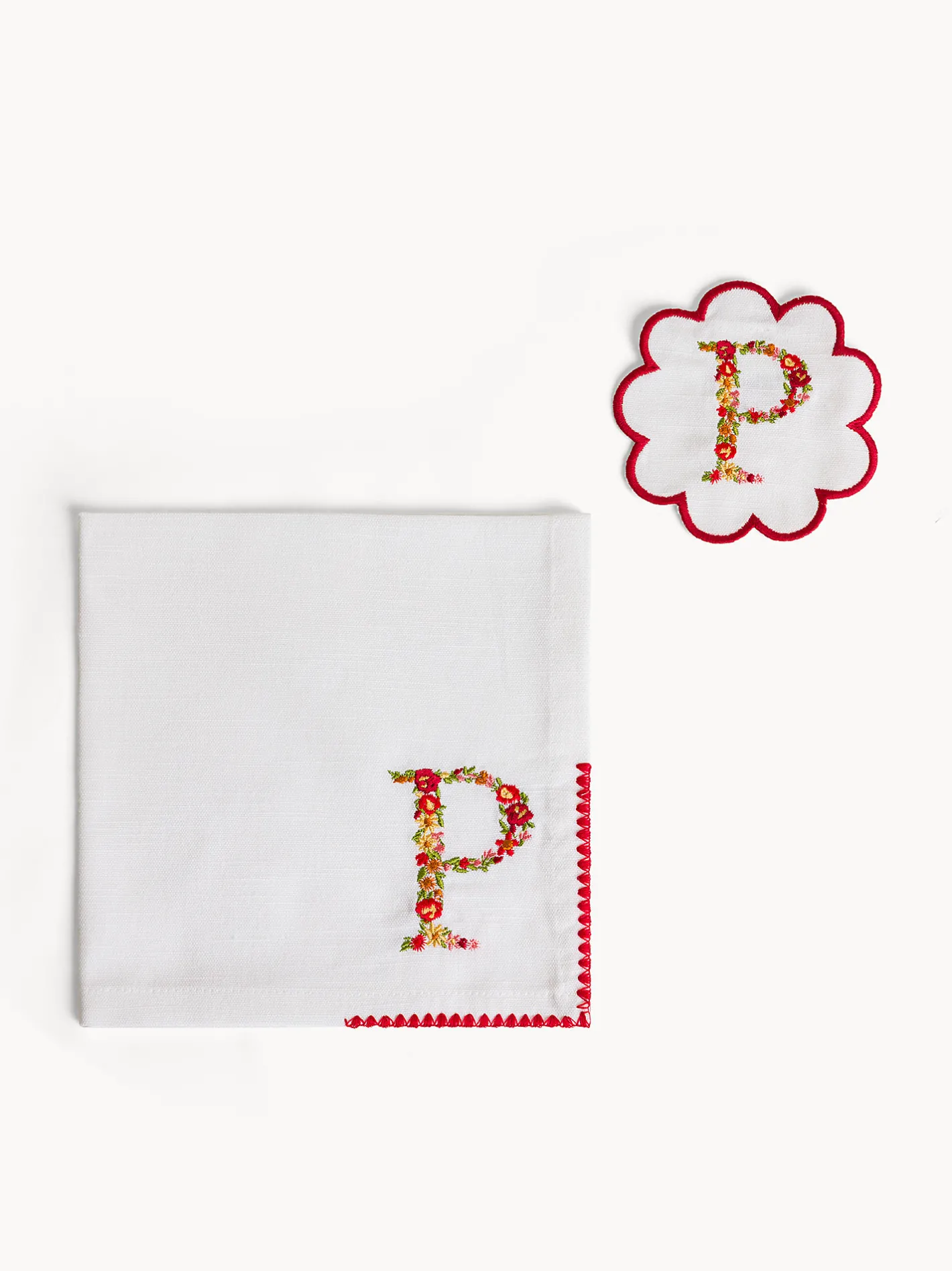 Biancheria Da Tavola|Tovaglie E Tovaglioli|Set tovagliolo e sottobicchiere lettera ricamata P Bianco