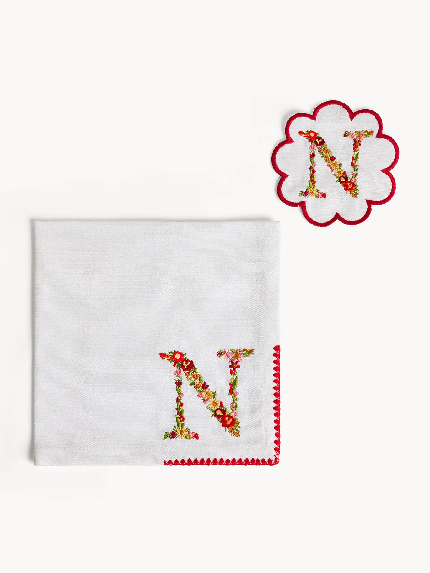 Biancheria Da Tavola|Tovaglie E Tovaglioli|Set tovagliolo e sottobicchiere lettera ricamata N Bianco