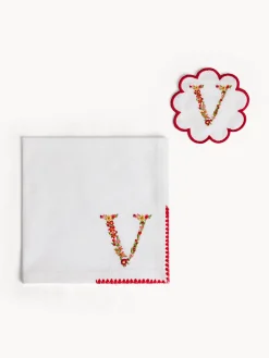 Biancheria Da Tavola|Tovaglie E Tovaglioli|Set tovagliolo e sottobicchiere lettera ricamata V Bianco