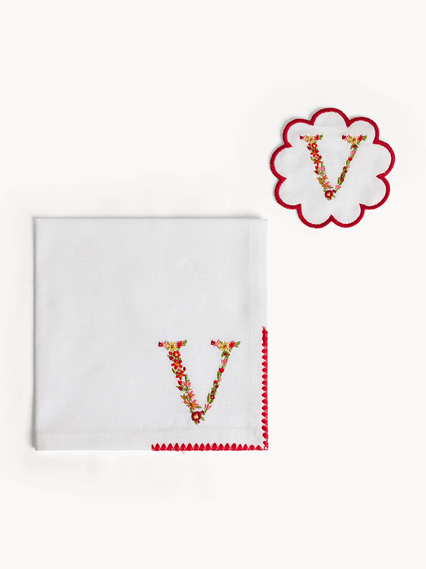 Biancheria Da Tavola|Tovaglie E Tovaglioli|Set tovagliolo e sottobicchiere lettera ricamata V Bianco