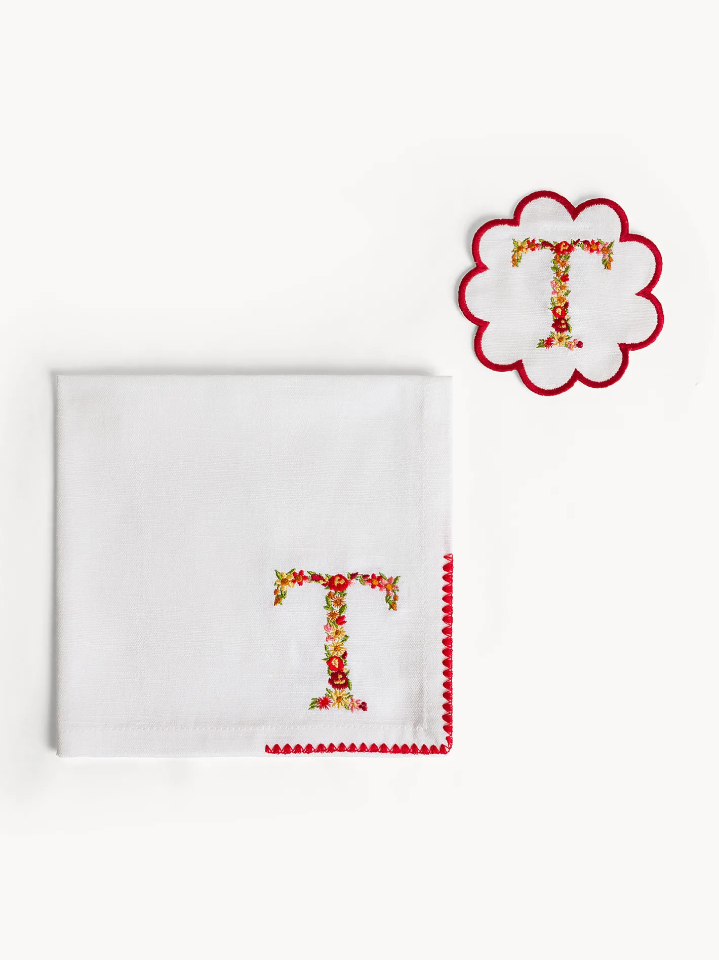 Biancheria Da Tavola|Tovaglie E Tovaglioli|Set tovagliolo e sottobicchiere lettera ricamata T Bianco