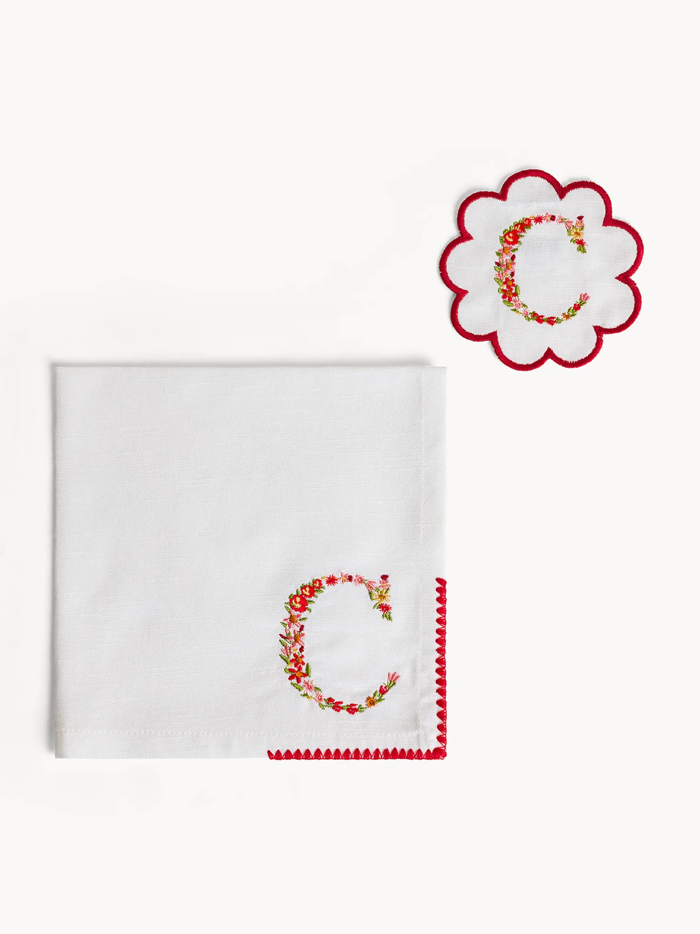 Biancheria Da Tavola|Tovaglie E Tovaglioli|Set tovagliolo e sottobicchiere lettera ricamata C Bianco