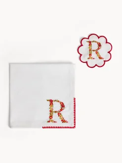 Biancheria Da Tavola|Tovaglie E Tovaglioli|Set tovagliolo e sottobicchiere lettera ricamata R Bianco