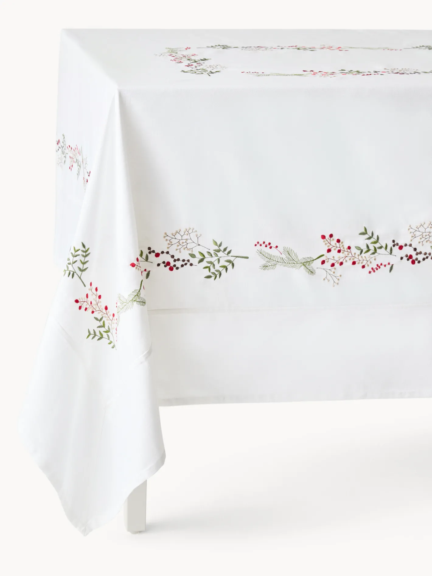 coincasa Tovaglie E Tovaglioli|Tovaglie E Runner Natalizi|Tovaglia in puro twill di cotone ricamo piazzato agrifoglio Bianco