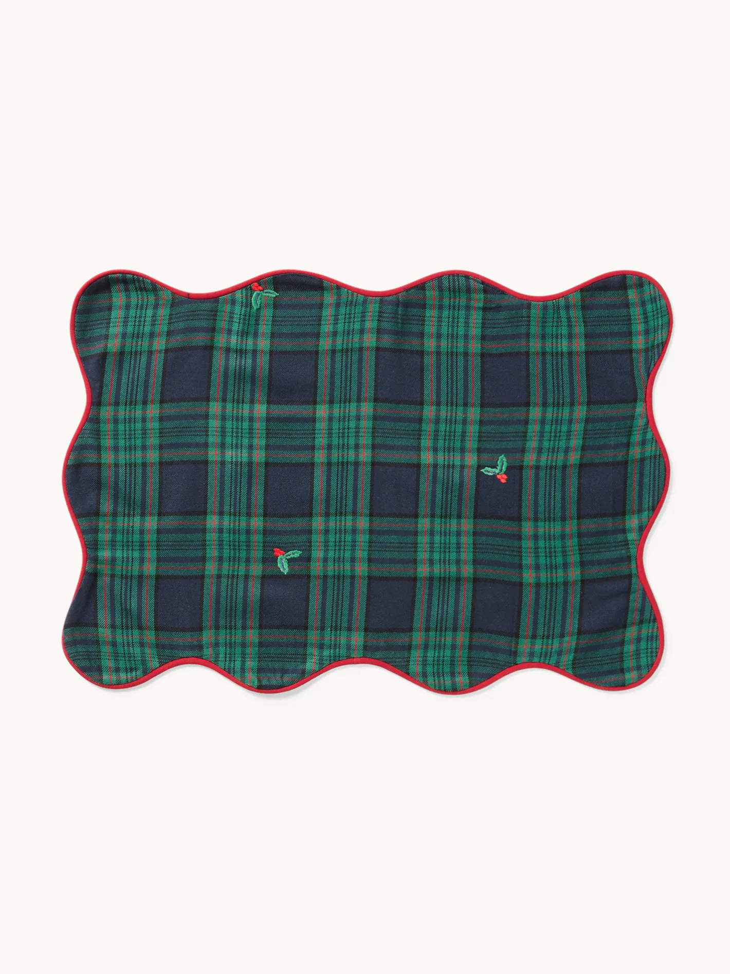coincasa Tovagliette|Tovagliette Natalizie|Tovaglietta tartan in twill di cotone con ricami agrifoglio e bordi smerlati Blu
